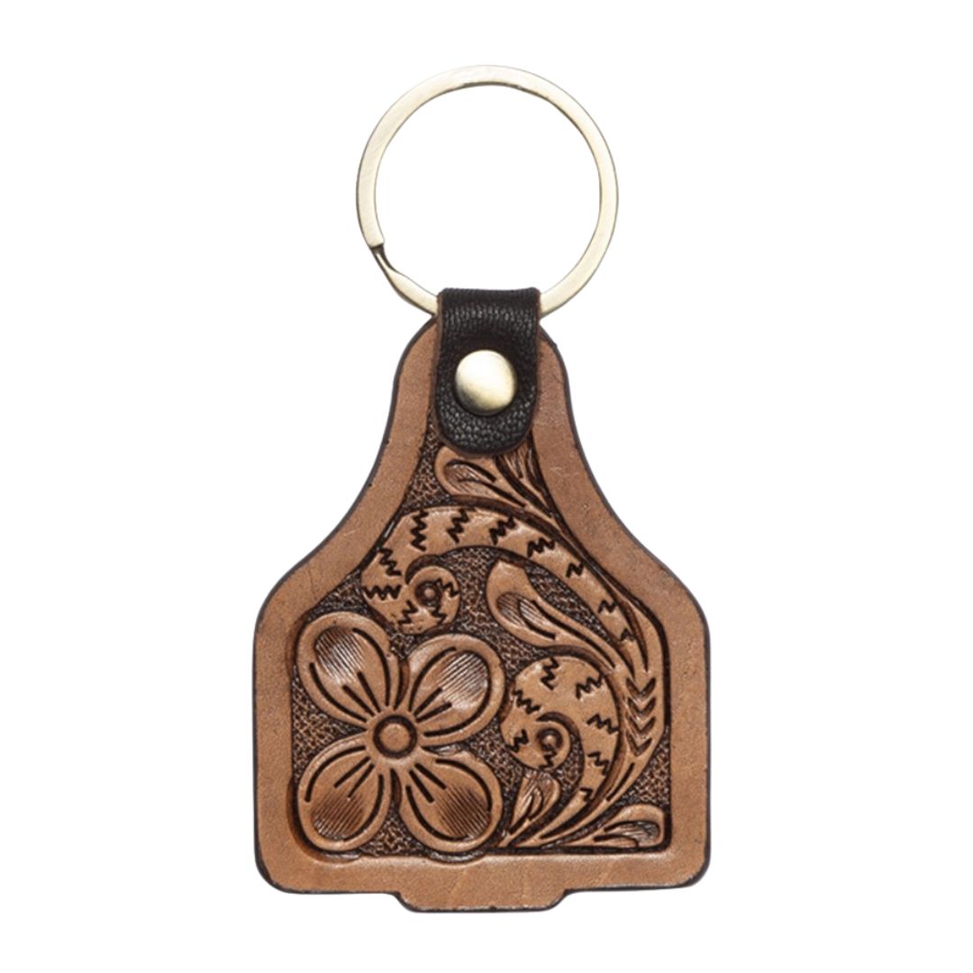 TOOLED LEATHER CATTLE TAG KEY RING