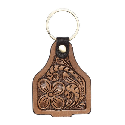TOOLED LEATHER CATTLE TAG KEY RING