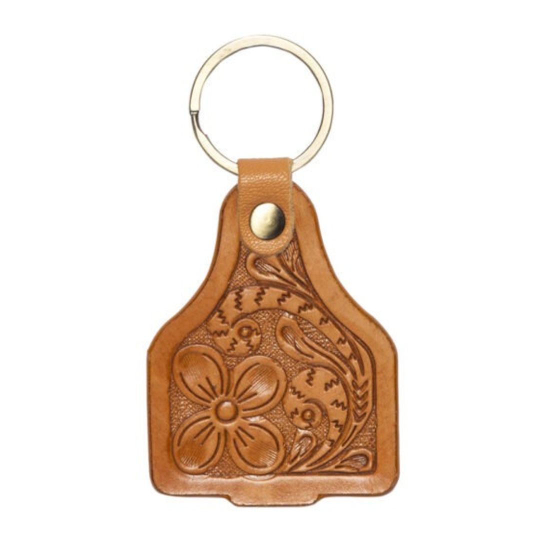 TOOLED LEATHER CATTLE TAG KEY RING