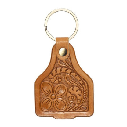 TOOLED LEATHER CATTLE TAG KEY RING