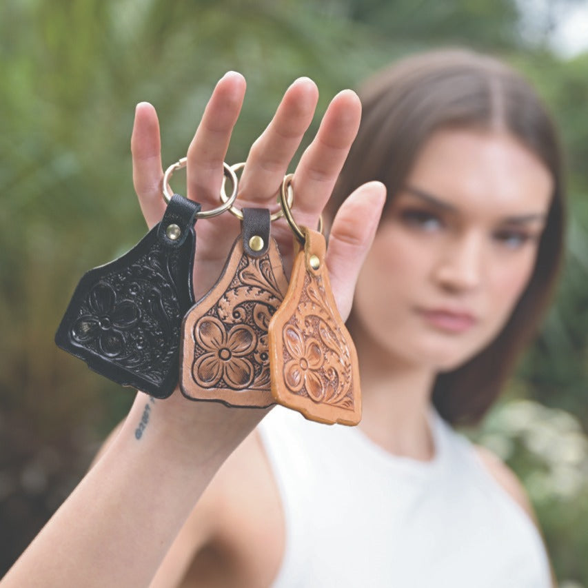 TOOLED LEATHER CATTLE TAG KEY RING-Ranges Country