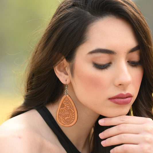 TOOLED LEATHER PEAR DROP EARRINGS-Ranges Country