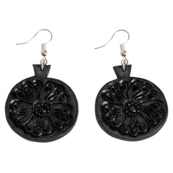 TOOLED LEATHER ROUND DROP EARRINGS