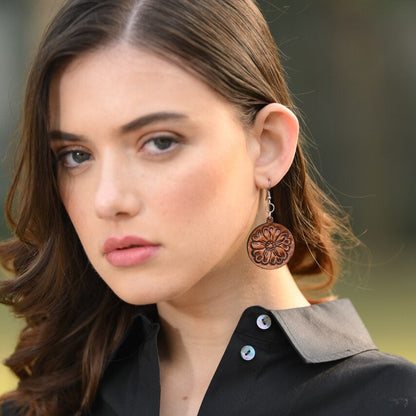 TOOLED LEATHER ROUND DROP EARRINGS-Ranges Country