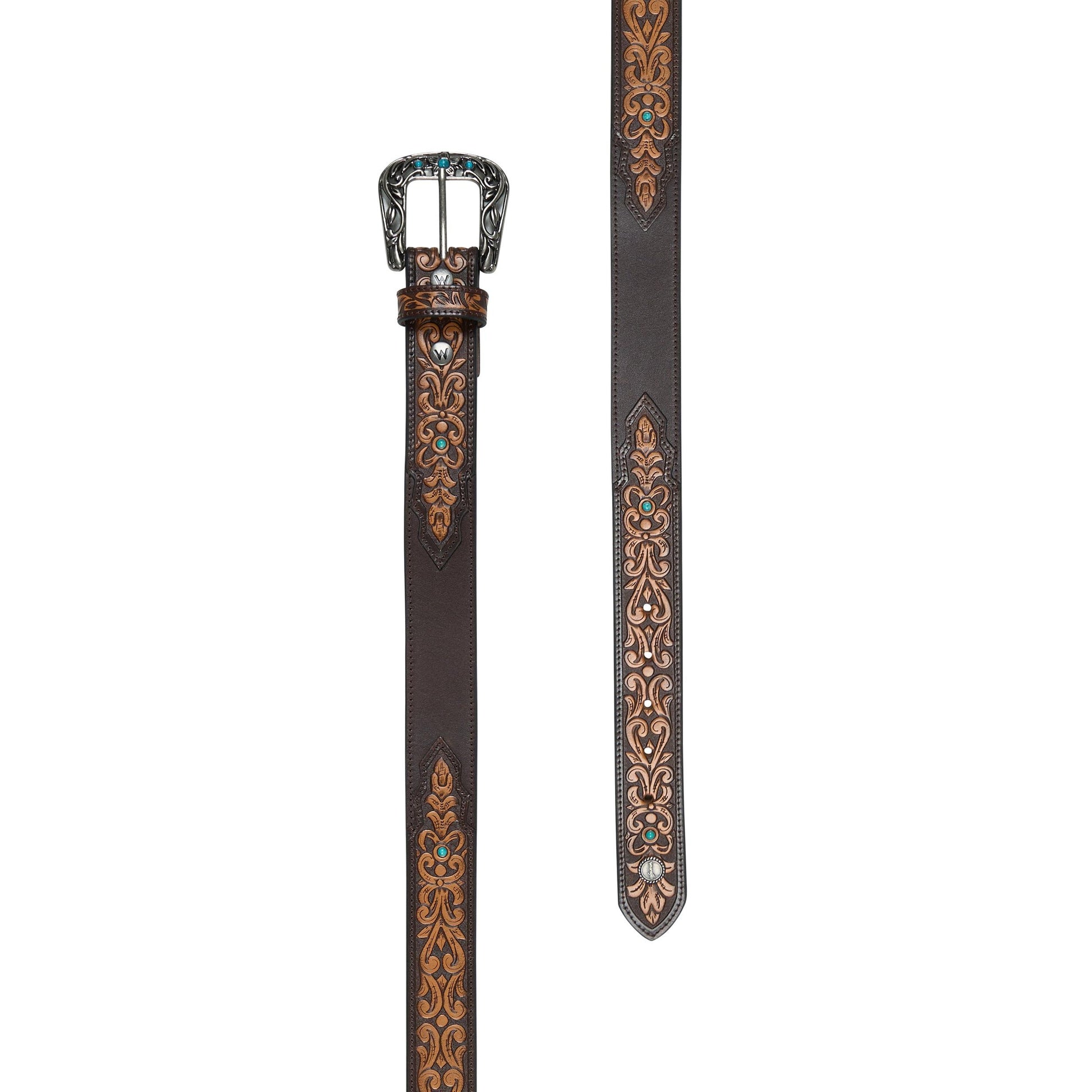 Decorative leather belt with intricate patterns on a white background