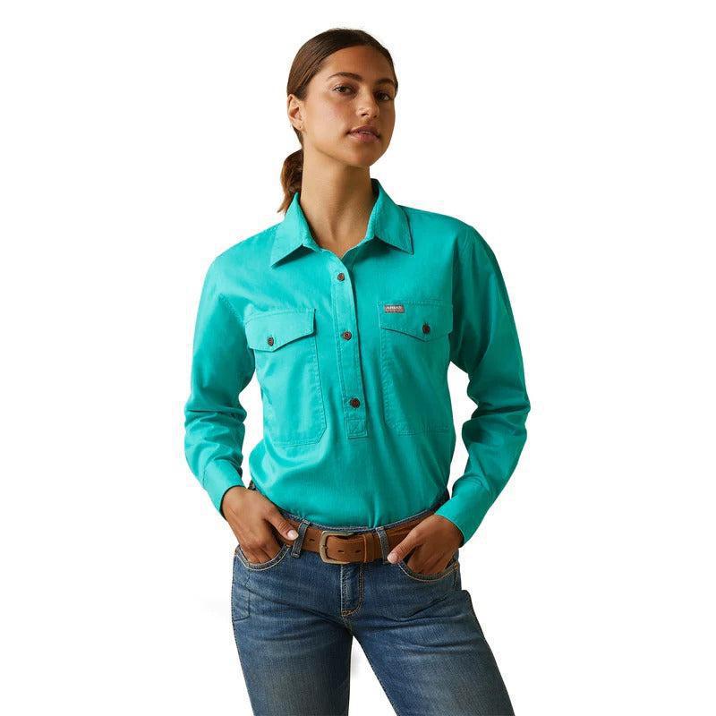 ARIAT WOMENS REBAR HALF BUTTON WORK SHIRT-Ranges Country